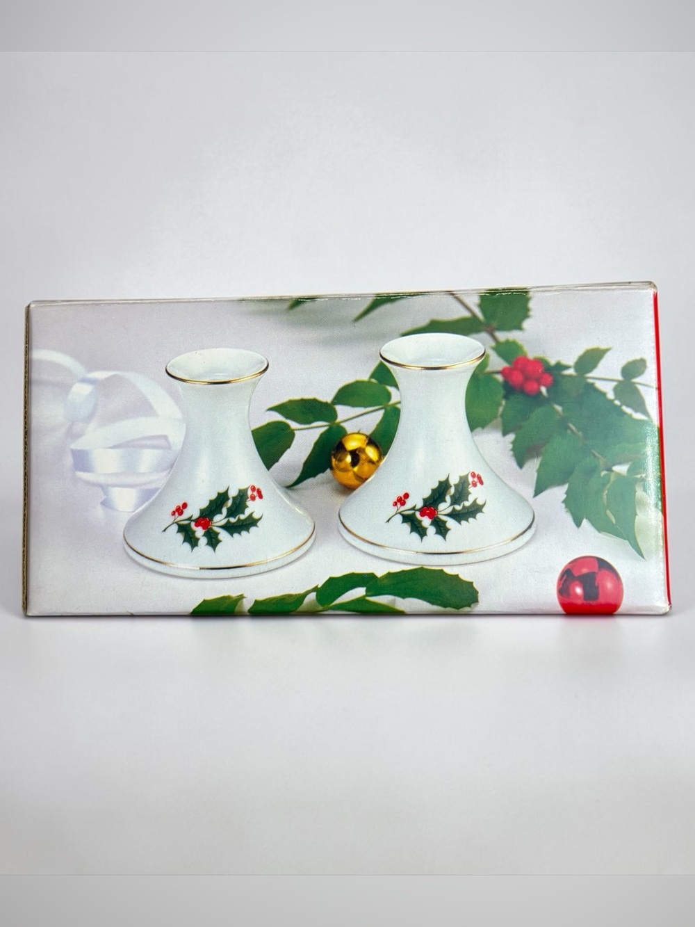 Vintage Fine China Japan Holly Candlestick Holders Set of 2